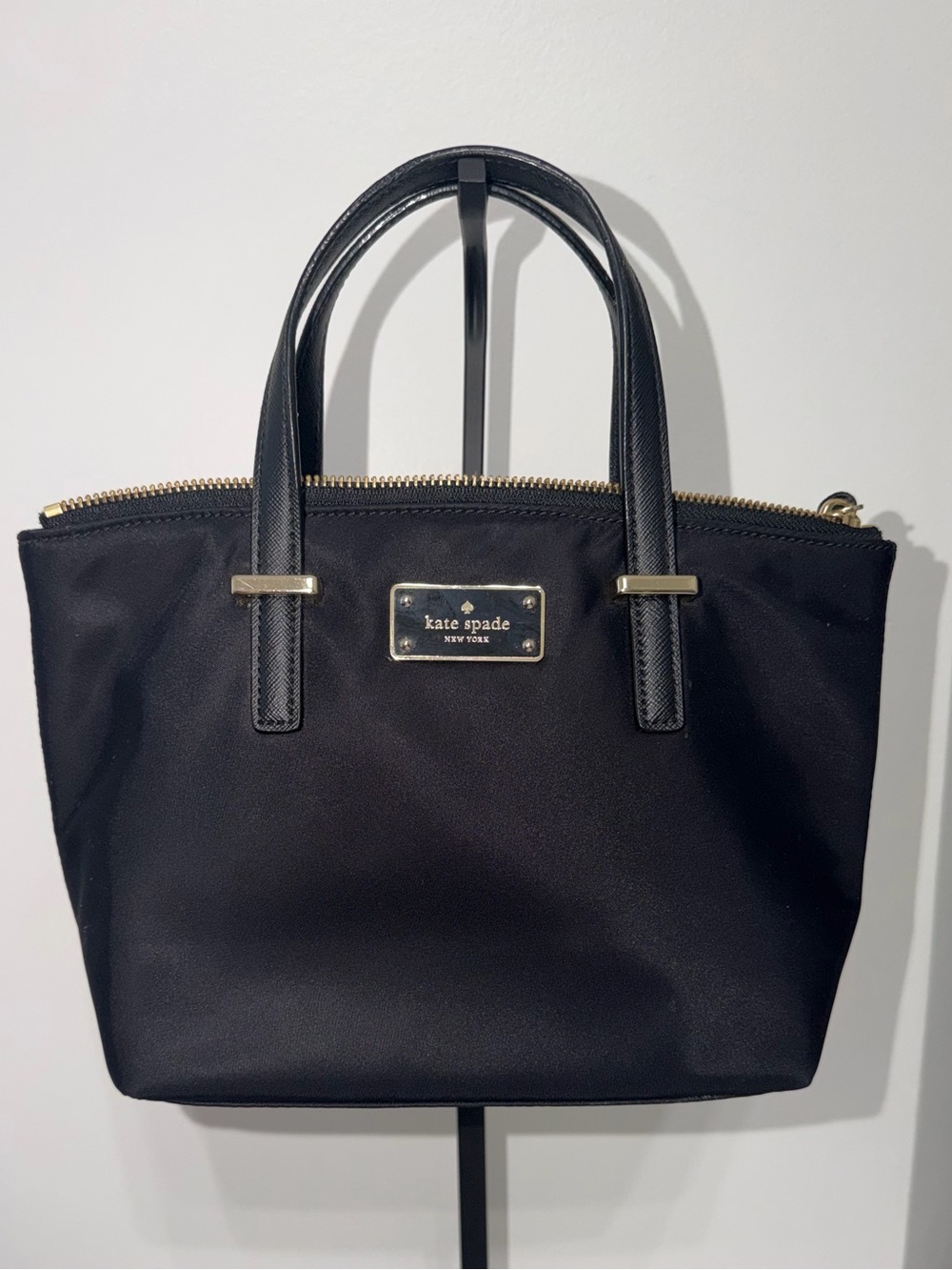 Kate Spade Black Nylon Mini Tote Handbag Saffiano Trim Small Satchel Purse